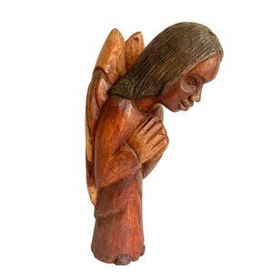 Hand Carved Wooden Praying Angel Sculpture Figurine 13 in